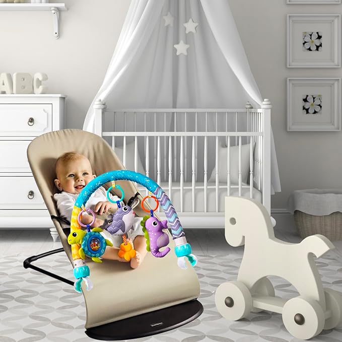 Baby Stroller Arch Toys, Crib Mobile for Infants Adjustable Bassinet Mobile with Universal Clamp, Activity Toy Bar for Bouncer Newborn CarSeat Stroller Toy Sense Toys for Baby 0 6 12 Months-CubbioJoy