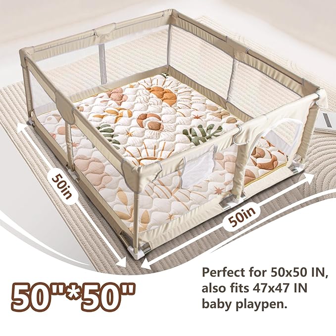 Baby Play Mat, 50x50 Playpen Mat with Super Soft Touch, Activity Mat with Upgraded Anti-Slip Bottom, Machine Washable Crawling Mat for Floor & Picnic(Boho Nature)-CubbioJoy