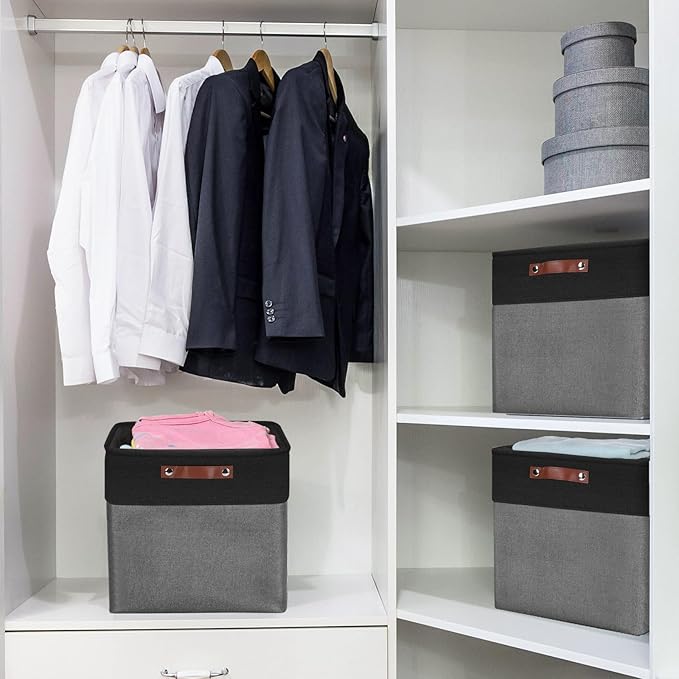 13x13 Cube Storage Bins, Collapsible Fabric Storage Box, 4 Pack Closet Baskets with Handles for Organizing, Shelf, Toys, Clothes, Home, Office, Nursery (Grey&Black)-CubbioJoy