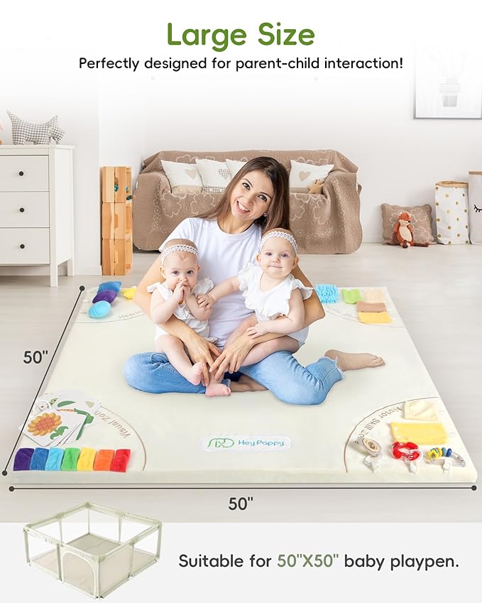 Baby Play Mat, Unique Crawling Mats with 4 Sensory Development Zones for Motor Skills, 50''x50'' Playpen Mats with Non-Slip Cushioned that Fits Nicely Into Any Playroom, Beige-CubbioJoy