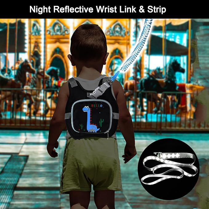 Accmor Toddler Harness Leash+ Reflective Anti Lost Wrist Link, Cute Dinosaur Kids Harness with Leash, Foldable Child Harness Baby Leash Boys Walking Wristband Assistant Belt for Outdoor Travel-CubbioJoy