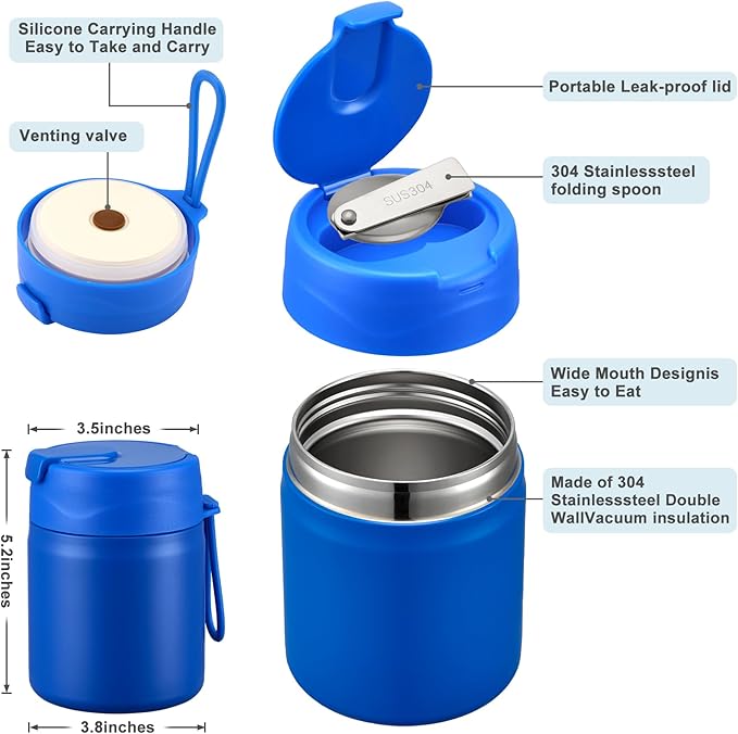 17oz Soup Thermo for Hot Food Kids,Insulated Food Jar with Spoon,Thermo Hot Food Lunch Container,Wide Mouth Leakproof Stainless Steel Lunch Box for School(Blue)-CubbioJoy