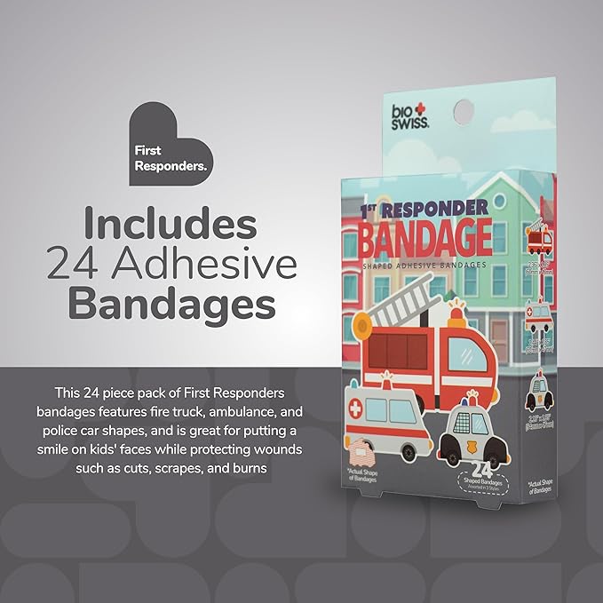 BioSwiss Bandages, First Responders Shaped Self Adhesive Bandage, Latex Free Sterile Wound Care, Fun First Aid Kit Supplies for Kids and Adults, 24 Count-CubbioJoy