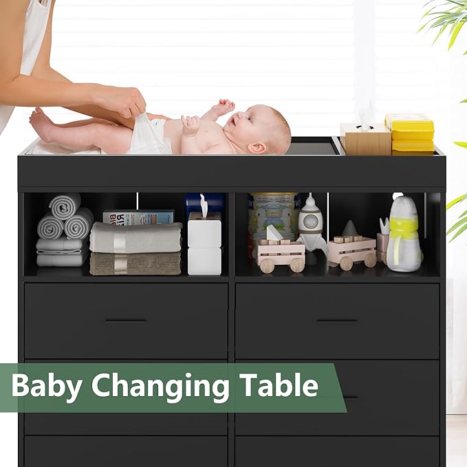 Changing Table Dresser with Drawers, Baby Dresser with Changing Table Top, Power Outlet, LED Light & Metal Feet, Diaper Changing Station Nursery Organizer for Infants Newborn, Black-CubbioJoy