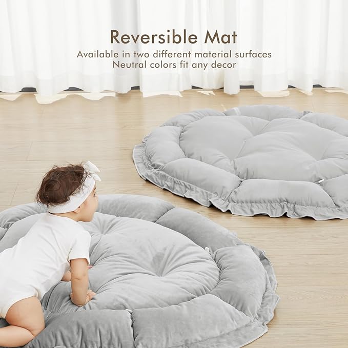 ANGELBLISS 5 in 1 Baby Play Gym Mat, Reversible Tummy Time Mat with 5 Sensory Toys for Stage-Based Developmental, Thick & Large Baby Activity Center from Newborn to Toddler (Grey)-CubbioJoy