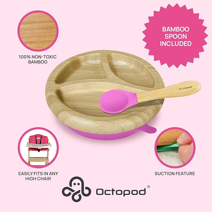 Abiie Octopod Bamboo Dish - Kids Plates for 4 months and up, 3-Compartment Baby Plates with Suction, Round Bamboo Baby Plate, Mess-Free Toddler Suction Plates, Baby Feeding Supplies, 7.5 x 7.5 x 1.9in-CubbioJoy