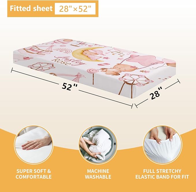 Custom Crib Bedding Set, 5 Pcs Customized Baby Crib Set with Name, Soft Double Layer Nursery Baby Bedding Set for Girls Boys, Personalized for Infants Toddlers, Pink Moon Bear-CubbioJoy