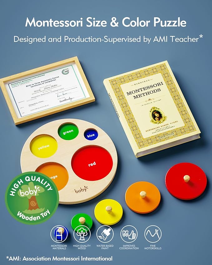 Boby Montessori Multiple Circle Puzzle Board, Knob Wooden Puzzle, Geometric Shape Puzzle Early Education Material Sensorial Toy for Toddler Shape & Color Sorter (Multiple Circle Puzzles)-CubbioJoy