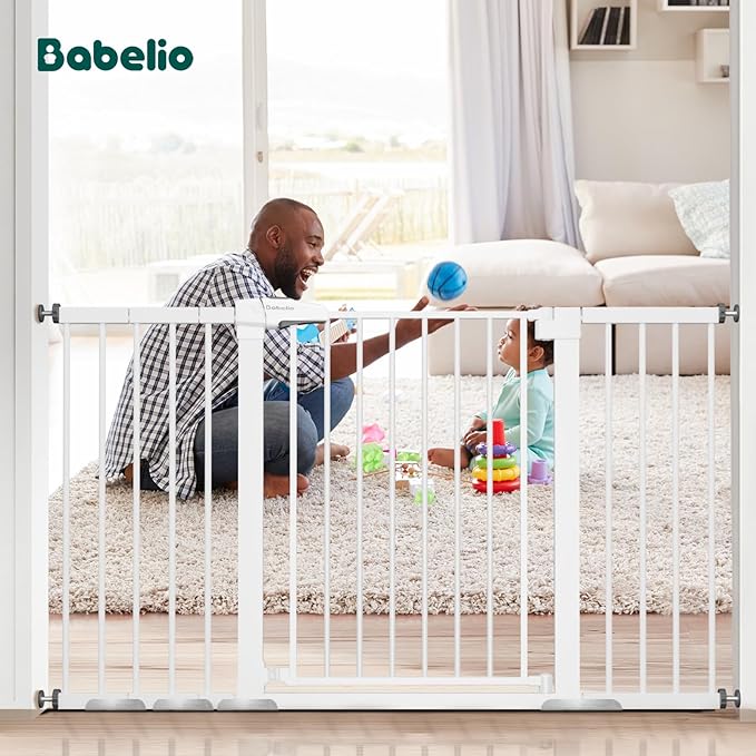 BABELIO 36" Tall Baby Gate, 29-55" Auto Close Pressure Mounted Dog Gate for Doorways & Hallway, Pressguard Basics Easy Walk Thru Pet Gate, Extra Wide Metal Child Gate, White-CubbioJoy