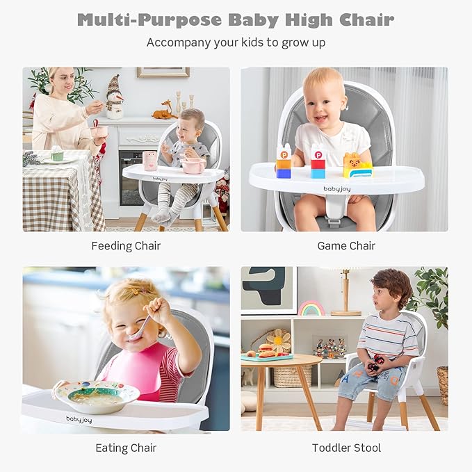 BABY JOY Convertible Baby High Chair, 3 in 1 Highchair w/Adjustable Legs, Dishwasher Safe Tray, Detachable PU Cushion, Footrest, 5-Point Harness for Babies Infants Toddlers (Gray)-CubbioJoy