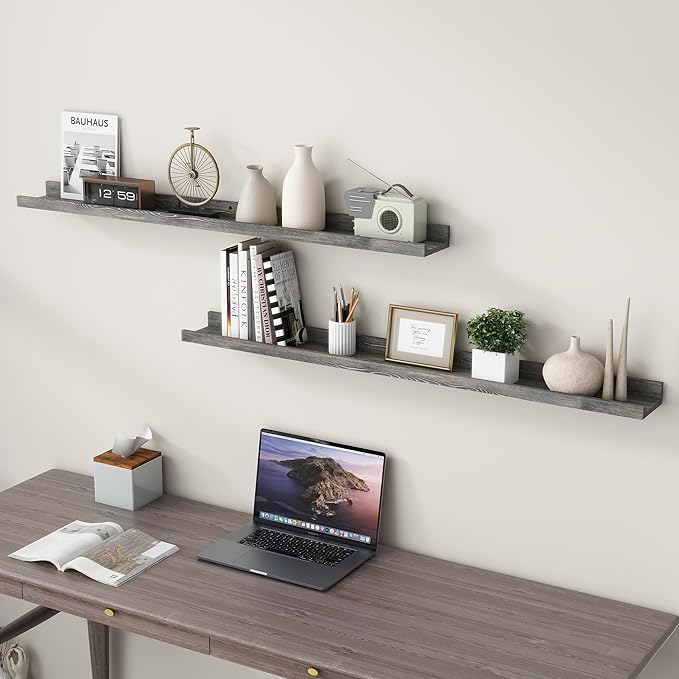 48 Inch Long Floating Shelves for Wall, Solid Pine Wood Picture Ledge Shelves with Lips, Nursery Book Shelves for Toys Storage Living Room Bedroom Photo Frames (2 Pcs, Grey)-CubbioJoy