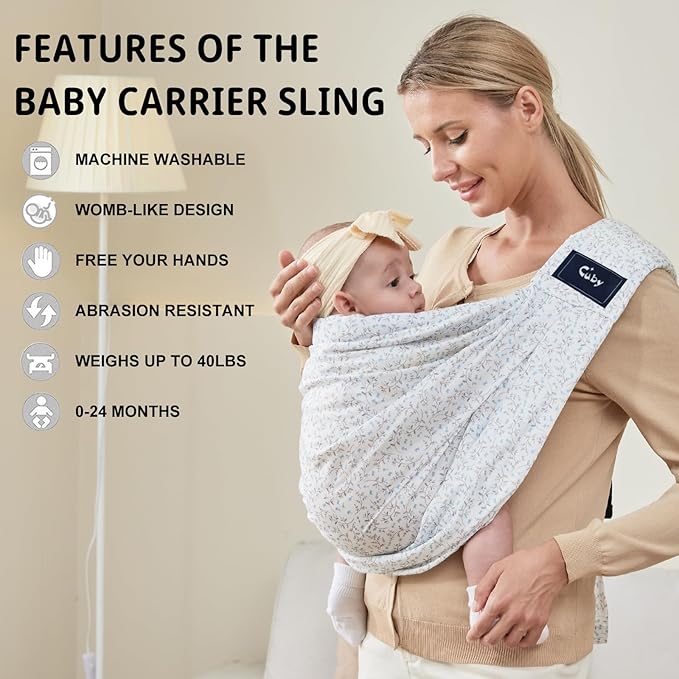 CUBY Wrap Baby Sling Carrier, Baby Wraps Sling Carrier Adjustable Breathable Lightweight Easy to Wearing - Baby Slings for Newborn Infant Toddler Front & Hip Carry Up to 40lbs (Blue Flower)-CubbioJoy