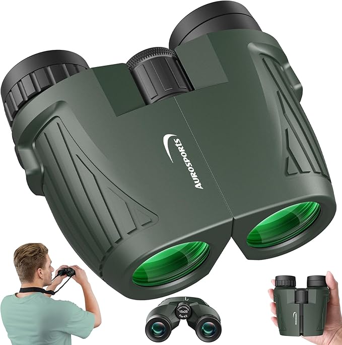 Aurosports 15x25 Compact Binoculars for Adult Kids - High Power Binoculars for Bird Watching - Easy Focus Small Binocular with Low Light Vision for Travel, Camping, Concert, Hiking -Green-CubbioJoy