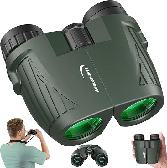 Aurosports 15x25 Compact Binoculars for Adult Kids - High Power Binoculars for Bird Watching - Easy Focus Small Binocular with Low Light Vision for Travel, Camping, Concert, Hiking -Green-CubbioJoy
