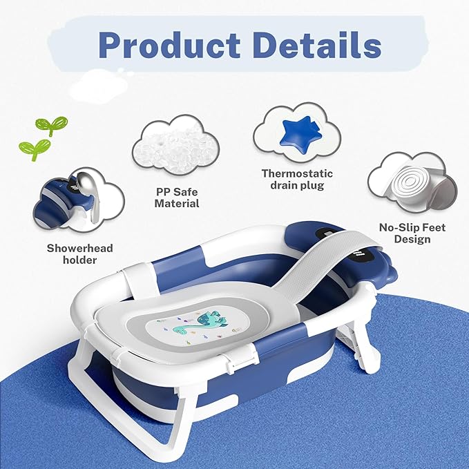 AVIDOR Baby Bathtub,Collapsible Bathtub for Newborn to Toddler,Durable Essential Infant Bath Tub,Portable Travel Baby Tub with Soft Bath Net,No-Slip Feet and Dinosaur Shaped (Navy Blue)-CubbioJoy
