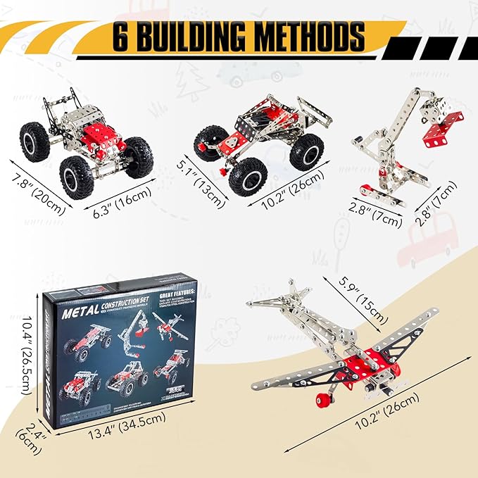 6-in-1 STEM Kit - Engineering Metal Truck, Airplane and Sports Car Excavator Toy for Boys 8-12 - STEM Building Toys for Kids 5-7, 6-8, 8-10 Educational Toys for Kids Boys Model Kit-CubbioJoy