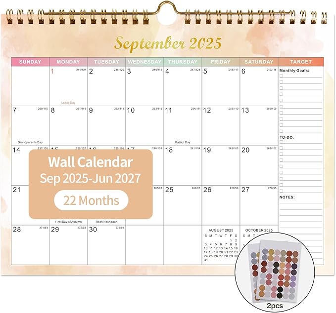 Calendar 2025-2027 22 Monthly Wall Calendar Runs from September 2025 until June 2027 Spiral Binding Hanging 11.5" x 14.7" Thick Paper with Julian Dates and Block for School Office（Colorful）-CubbioJoy