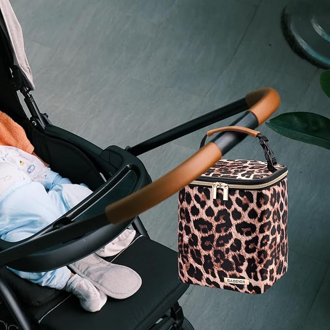 BreastMilk Cooler Bag with Ice Pack Fits 4 Baby Bottles Up to 9 Ounce, Baby Bottle Bag for Nursing Mom Daycare-Leopard Print-CubbioJoy