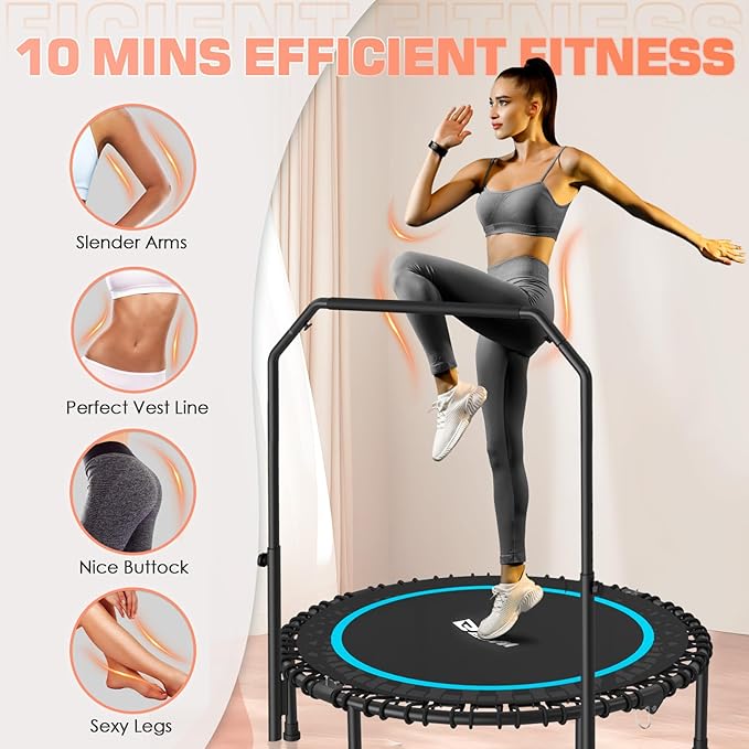 BCAN 40"/48" Mini Rebounder Trampoline for Adults with Bar, 450/550LBS Fitness Trampoline with Bungees, Adjustable Handle, Stable & Quiet, Indoor Outdoor, Whole-Body Workout & Relaxation at Home-CubbioJoy
