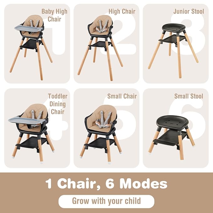 BABY JOY Baby High Chair, 6 in 1 Convertible Wooden High Chair for Babies & Toddlers with Adjustable Legs, Double Removable Tray, Safety Harness & Waterproof PU Cushion (Coffee)-CubbioJoy