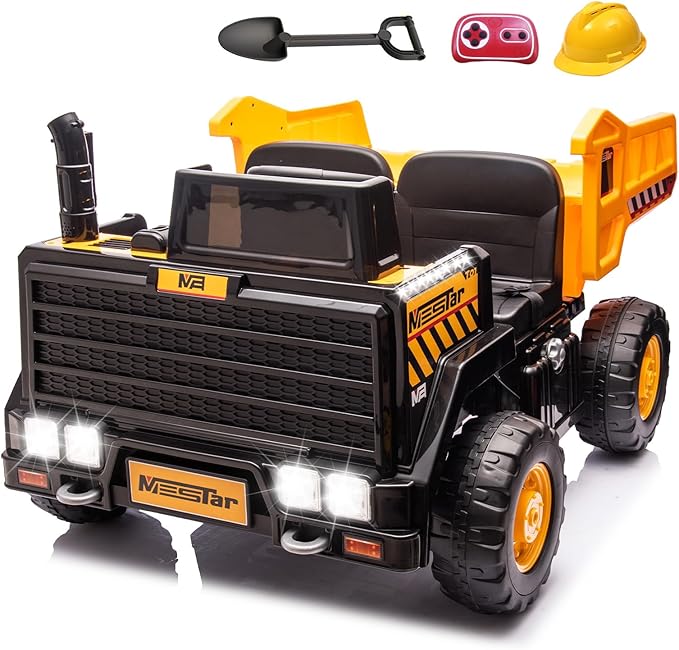 24V Ride On Dump Truck, 24inch-2 Seater Ride On Car for Kids w/Remote Control 4WD/2WD Up to 5 Mph, 24v Ride on Toys for Big Kids w/Electric Dump Bed Extra Shovel Traffic Cones (Yellow)-CubbioJoy