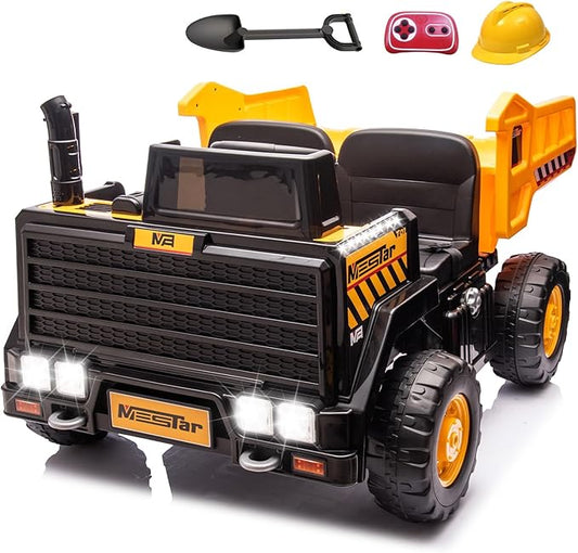 24V Ride On Dump Truck, 24inch-2 Seater Ride On Car for Kids w/Remote Control 4WD/2WD Up to 5 Mph, 24v Ride on Toys for Big Kids w/Electric Dump Bed Extra Shovel Traffic Cones (Yellow)-CubbioJoy