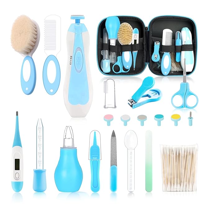 Baby Grooming Kit，Electric Safety Nail Trimmer Baby Nursery Kit，Infant Safety Care Set with Hair Brush Comb Nail Clipper Nasal Aspirator,Baby Essentials Kit for Newborn Girls Boys (21 PC-Blue Kit)-CubbioJoy