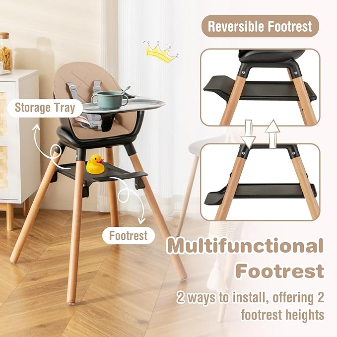 BABY JOY Baby High Chair, 6 in 1 Convertible Wooden High Chair for Babies & Toddlers with Adjustable Legs, Double Removable Tray, Safety Harness & Waterproof PU Cushion (Coffee)-CubbioJoy