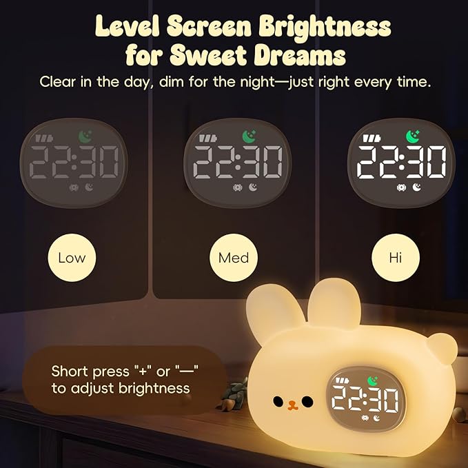 Bunny Alarm Clock with Night Light for Kids with Sleep Training and Sound Machine, Rechargeable Silicone Lamp OK to Wake Clock，Cute Animal Tabletop Lamp, Perfect Sleep Companion for Boys Girls-CubbioJoy