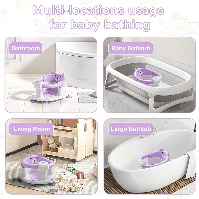 Baby Bath Seat for Babies 6 Months & up, Non-Slip Toddler Bath Seats for Babies Sitting Up, Safe Infant & Newborn Bathtub Chair with 4 Suction Cups & Soft Cushion for Shower,Lavender-CubbioJoy