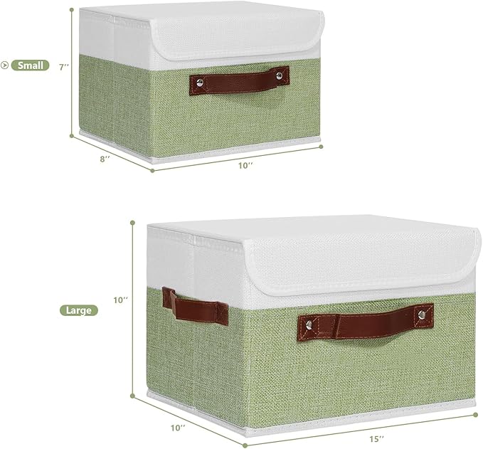 ANMINY 2PCS Storage Boxes with Lid Washable Decorative Storage Bins Basket with PU Leather Handle Foldable Linen Fabric Storage Cubes Containers for Home Closet Organizer - Green White, Small Size-CubbioJoy