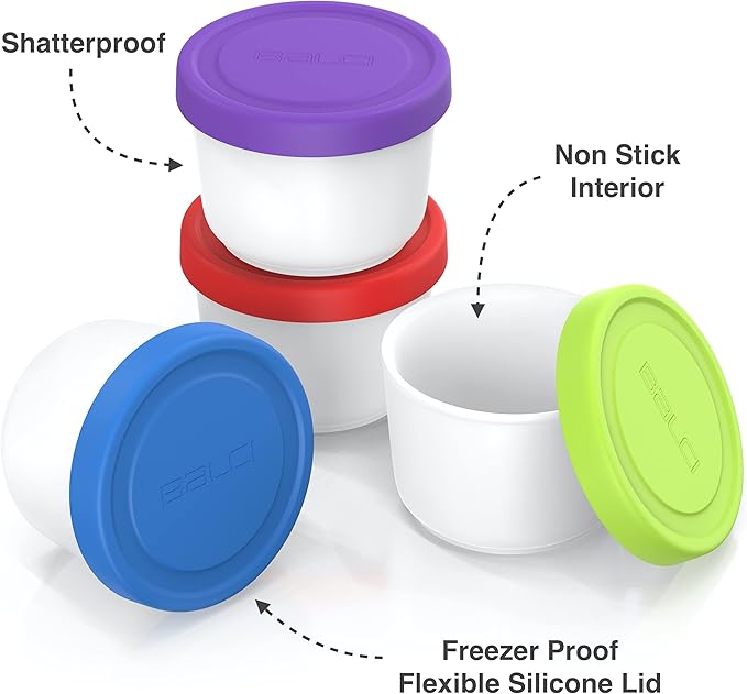 BALCI - 8oz Mini Ice Cream Containers with Silicone Lids (Set of 4) - Freezer Food Storage Containers, Reusable, LeakProof, For Homemade IceCream Containers - Blue, Red, Green, Purple-CubbioJoy