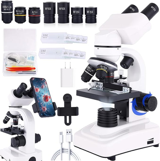 Binocular Microscope Magnification 40X-2500X, WF10x and WF25x Eyepieces, Dual LED Illumination, Suitable for Schools Home Labs Educational Adult Microscope-CubbioJoy