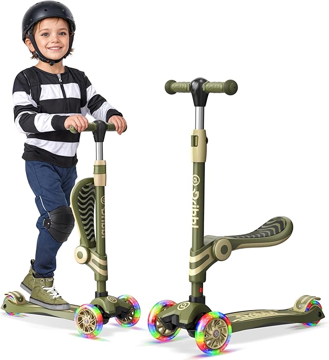 Army 3 Wheel Scooter with Seat for Kids – Light-Up LED Wheels, Adjustable Handlebar and Seat, Smooth PU Wheels, Wide Anti-Slip Deck, Rear Foot Brake – Toddler Outdoor Toys for Ages 2+-CubbioJoy
