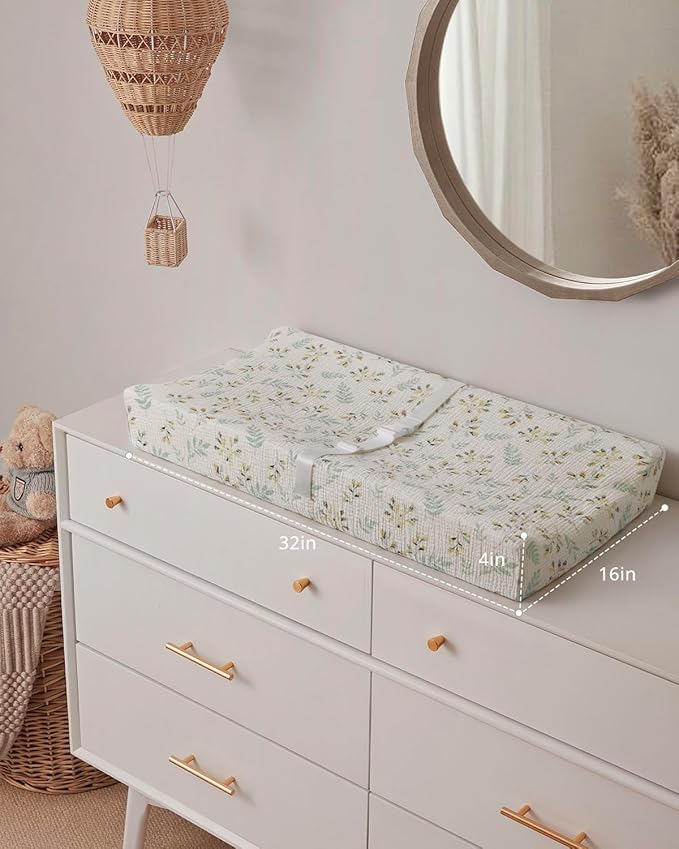 Blissful Diary Muslin Baby Changing Pad with Waterproof Lining Foam, Diaper Changing Table Pad with Cover for Dressers (Botanical Leaf, Rectangular)-CubbioJoy