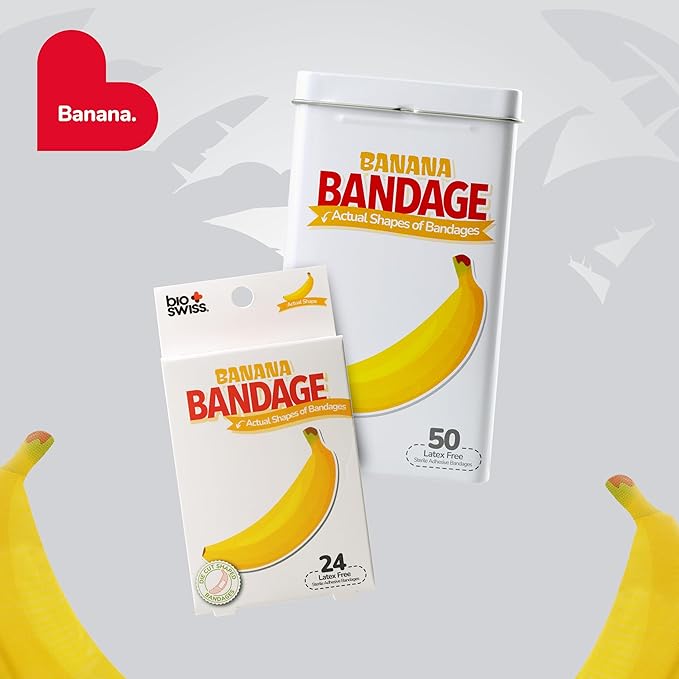 BioSwiss Bandages, Banana Shaped Self Adhesive Bandage, Latex Free Sterile Wound Care, Fun First Aid Kit Supplies for Kids, 24 Count-CubbioJoy