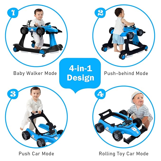 BABY JOY 4-in-1 Baby Walker, Foldable Activity Walker with Adjustable Height & Speed, Music, Lights, Anti-Rollover, Toddler Push Walker, Baby Walker with Wheels for Boys Girls 6-18 Months (Blue)-CubbioJoy