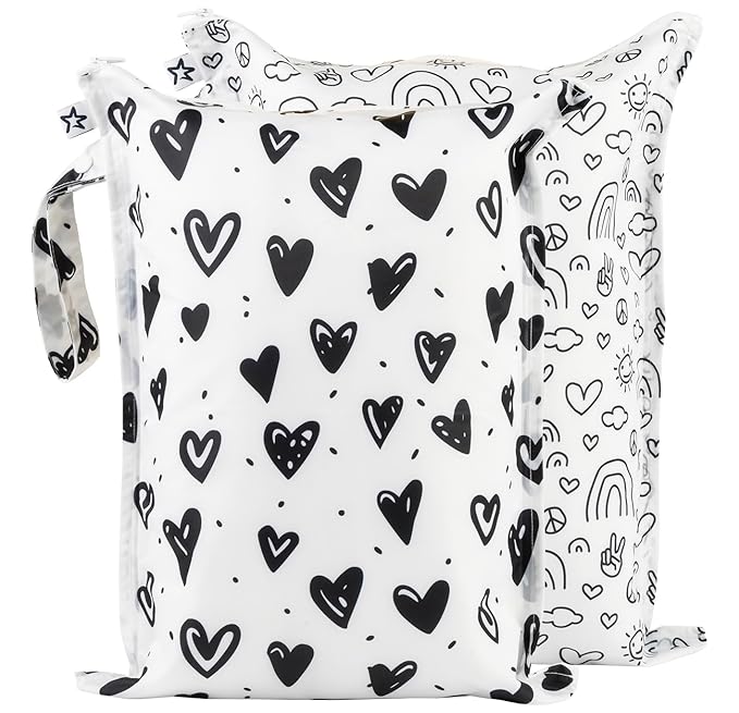 Tiny Twinkle Mess-Proof Waterproof Wet Dry Bag | 2-Pack Reusable Wet Bags for Swimsuits & Baby Clothes | Leakproof Wet Bag for Travel & Diaper Changes for Baby (Black, White)-CubbioJoy