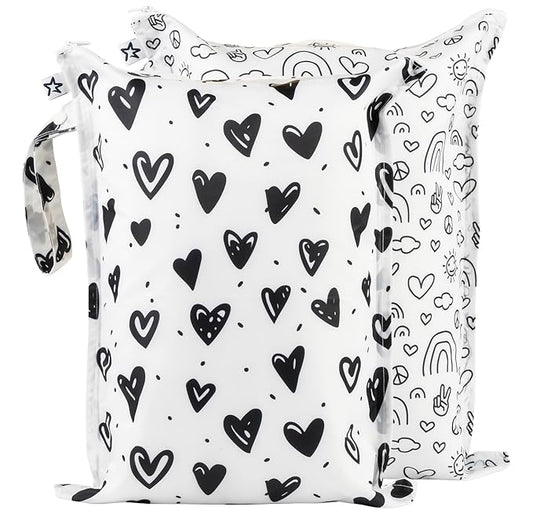 Tiny Twinkle Mess-Proof Waterproof Wet Dry Bag | 2-Pack Reusable Wet Bags for Swimsuits & Baby Clothes | Leakproof Wet Bag for Travel & Diaper Changes for Baby (Black, White)-CubbioJoy