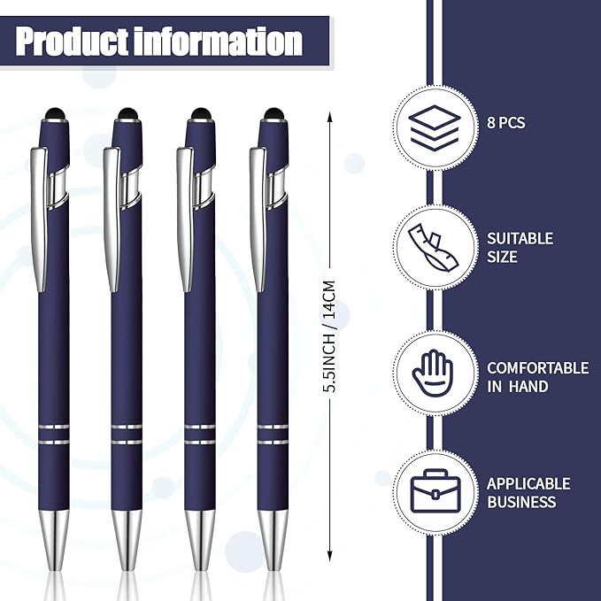 8 Pieces Ballpoint Pen with Stylus Tip Black Ink 2 in 1 Stylus Metal 1.0 mm Medium Point Smooth Pen Rainbow Colorful Rubberized Ballpoint for Touch Screen Tablet(Dark Blue)-CubbioJoy