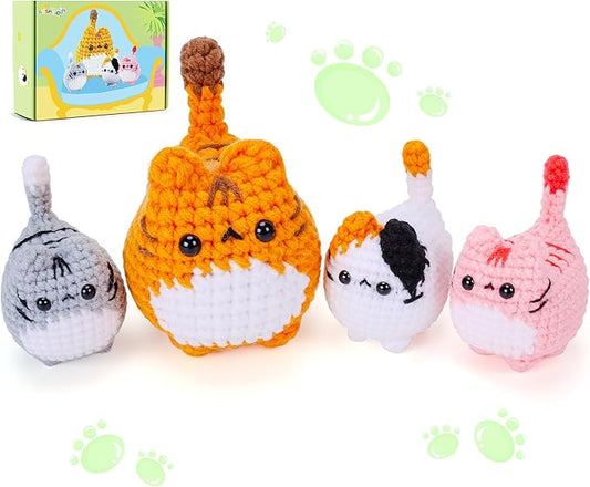 Crochet Kit for Beginners-4PCS Cat Crochet Kits for Adults, Crochet Starter Kit with Step-by-Step Video Tutorials, Crochet Animals Kits DIY Craft Knitting Kit Learn to Crochet Kits for Adults-CubbioJoy