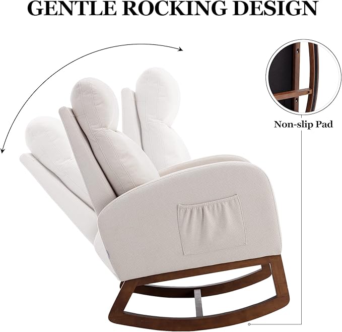 Dolonm Nursery Rocking Chair for Living Room, Upholstered Mid-Century Modern Nursery Rocking Armchair Tall Back Accent Glider Rocker, Beige-CubbioJoy