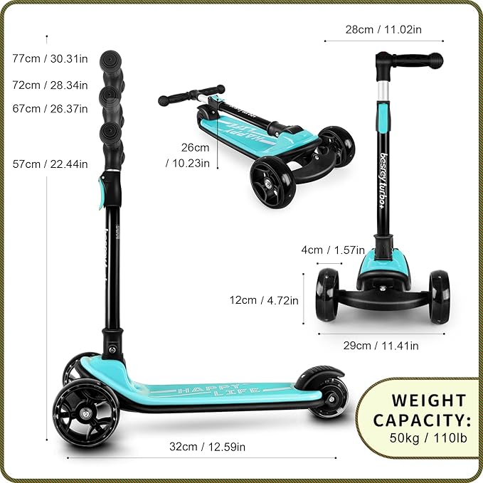 Besrey Kick Scooter for Kids Ages 3-10, 3-Wheel Folding Scooter with Adjustable Height, LED Light Wheels, Extra Wide Deck for Outdoor Activities-CubbioJoy
