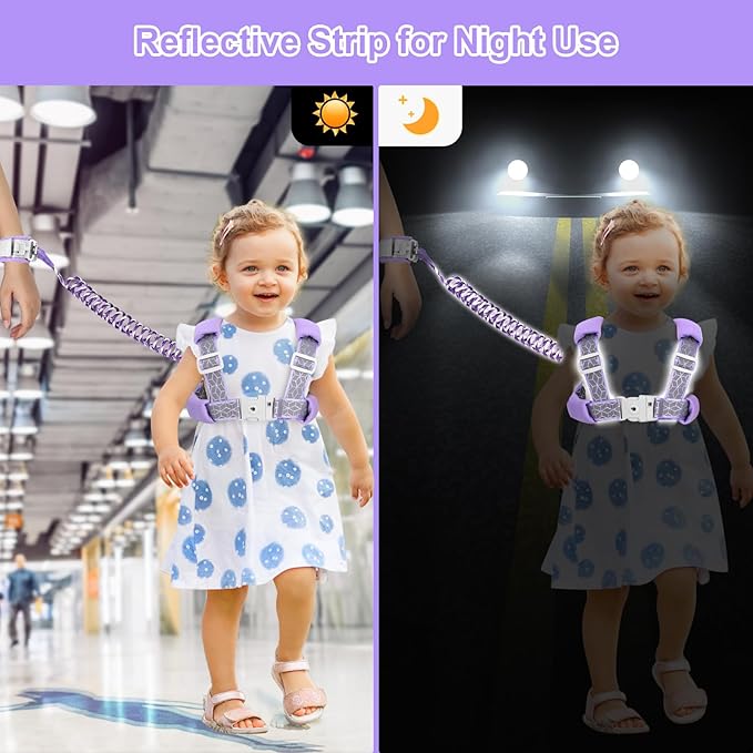 Accmor 3 in1 Toddler Harness Leash, Reflective kid Harness with Anti Lost Wrist Link, Harness Leash for Toddlers, Child Walking Harness kids Leash Wristband Rope Belt with Lock for Baby Girls (Purple)-CubbioJoy