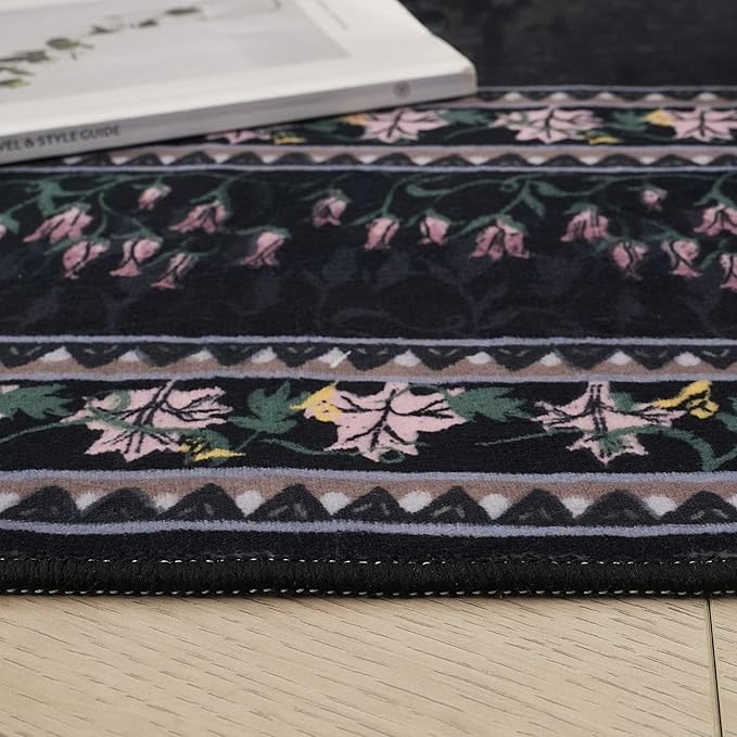 4x6 Rug for Bedroom Impressionist-Style Vintage Washable Rugs Non Slip Low Pile Small Carpet for Bedside Kids Room Office Dining Room, Black-CubbioJoy