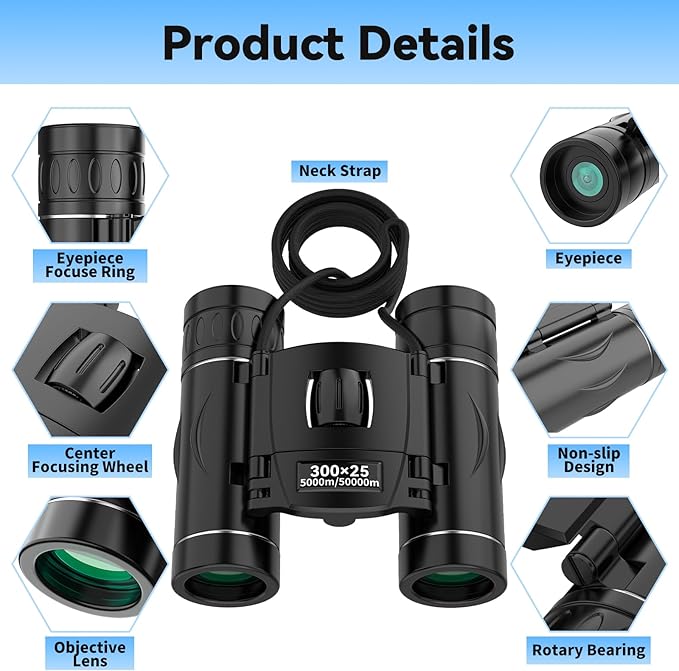 300x25 Binoculars for Adults and Kids, High Powered Mini Pocket Binoculars with Phone Adapter, Waterproof Compact Telescope for Bird Watching, Hunting, Concert, Theater, Opera, Traveling, Sightseeing-CubbioJoy
