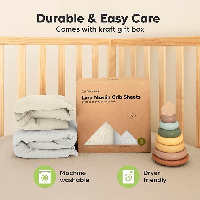 KeaBabies 2-Pack Muslin Crib Sheets for Boys, Girls - 100% Organic Cotton Fitted Baby Crib Mattress Sheet, Soft Breathable Standard Toddler Bed Cover Bedding Set, Neutral, Durable 52x28 (Greige)-CubbioJoy