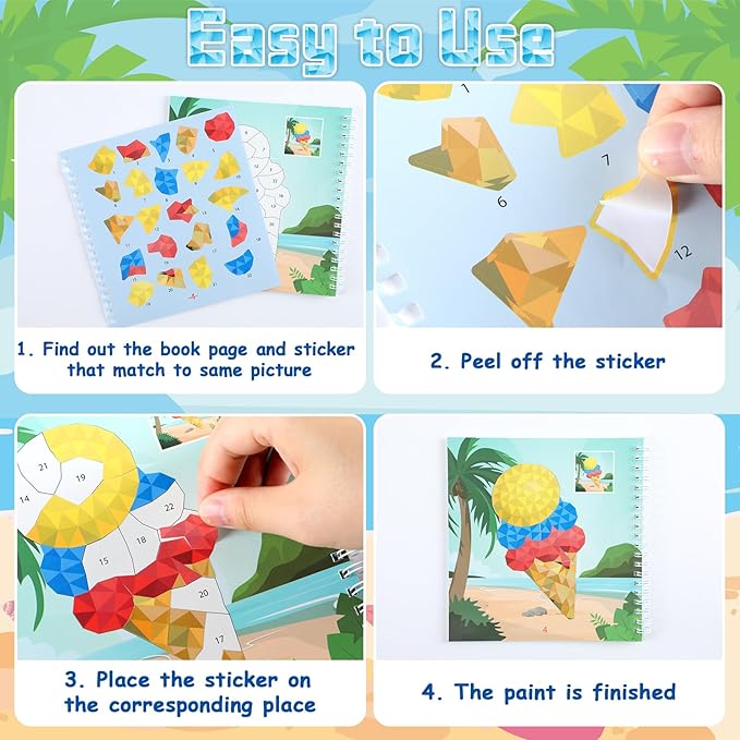 4Pcs Summer Paint by Sticker Books for Kids Ages 4-8 Hello Summer Sticker by Number Books Activity Book for Kids Age 3-5 Puzzle Book Craft Art Toddler Gift with Crab Flamingo Sand Castle 32 Pictures-CubbioJoy