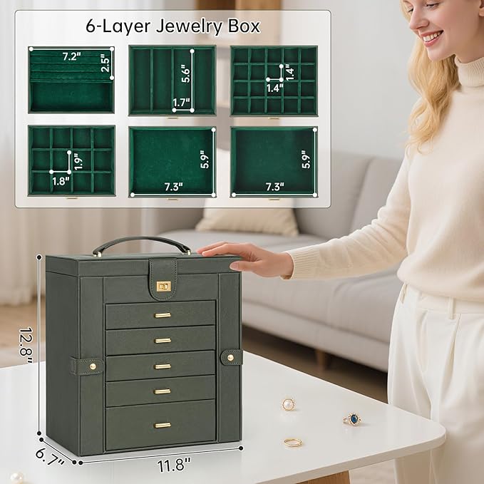 AKOZLIN Huge Jewelry Box Organizer Functional Large Leather Jewelry Storage Case for Women Girls Ring Necklace Earring Bracelet Holder Organizer with Mirror-CubbioJoy