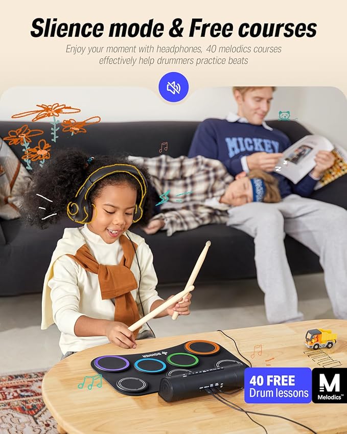 Donner Electric Drum Set Upgrated, 7 Pads Electronic Drum Pad Roll Up Quiet Drum Pad Built-in Speaker, 40 Lessons Included, Kids Holiday Christmas & Birthday Gift Instrument Toys(DED-20R) New-CubbioJoy